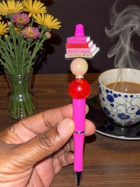 Handcrafted Pink Novelty Beaded Topper Pen  with quote..“Good Books”